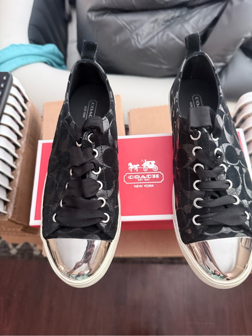 Coach Black Signature Canvas Sneakers with Silver Metallic Toe Caps